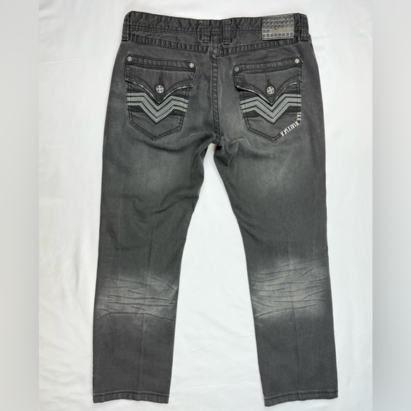 Affliction Mens Ace Jeans 36 x 30 Black/Grey Faded Embroidered Flap Pockets B5 - Picture 2 of 11